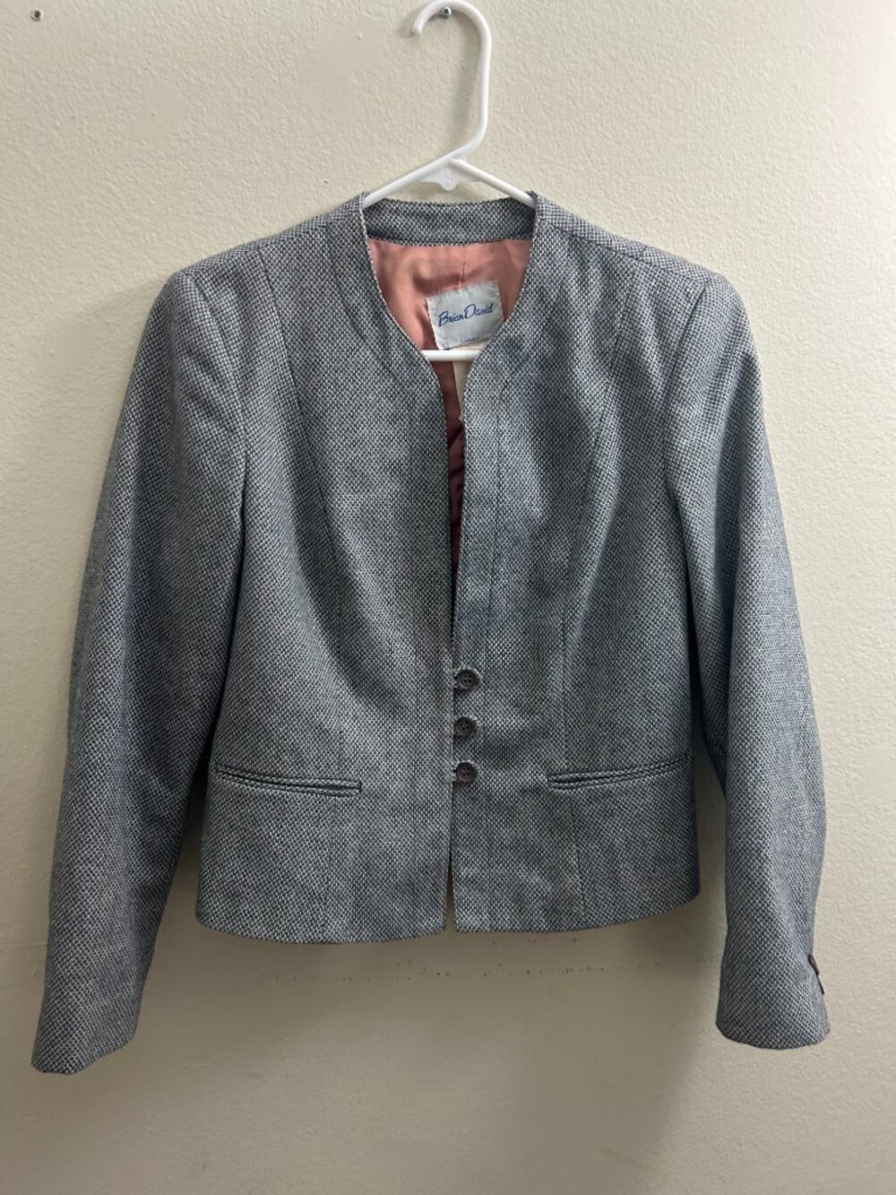 Vintage Brian David Grey Tweed Collarless Loop Button Jacket Pink Lining S/M✨ We